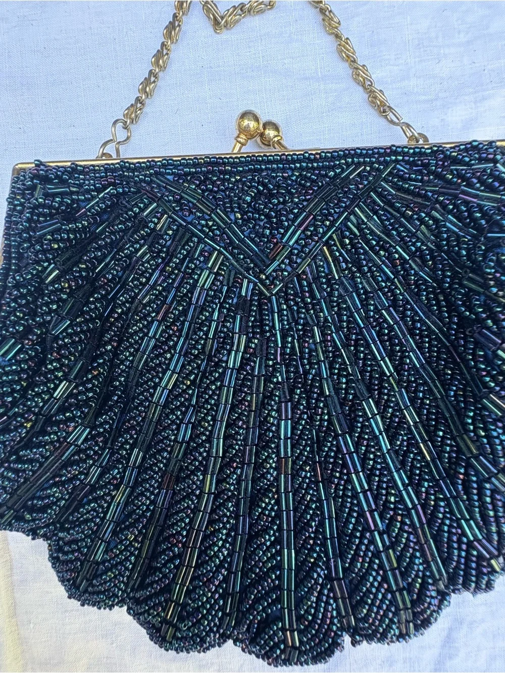 Vintage La Regale Navy Beaded Shell Clutch with Gold Chain